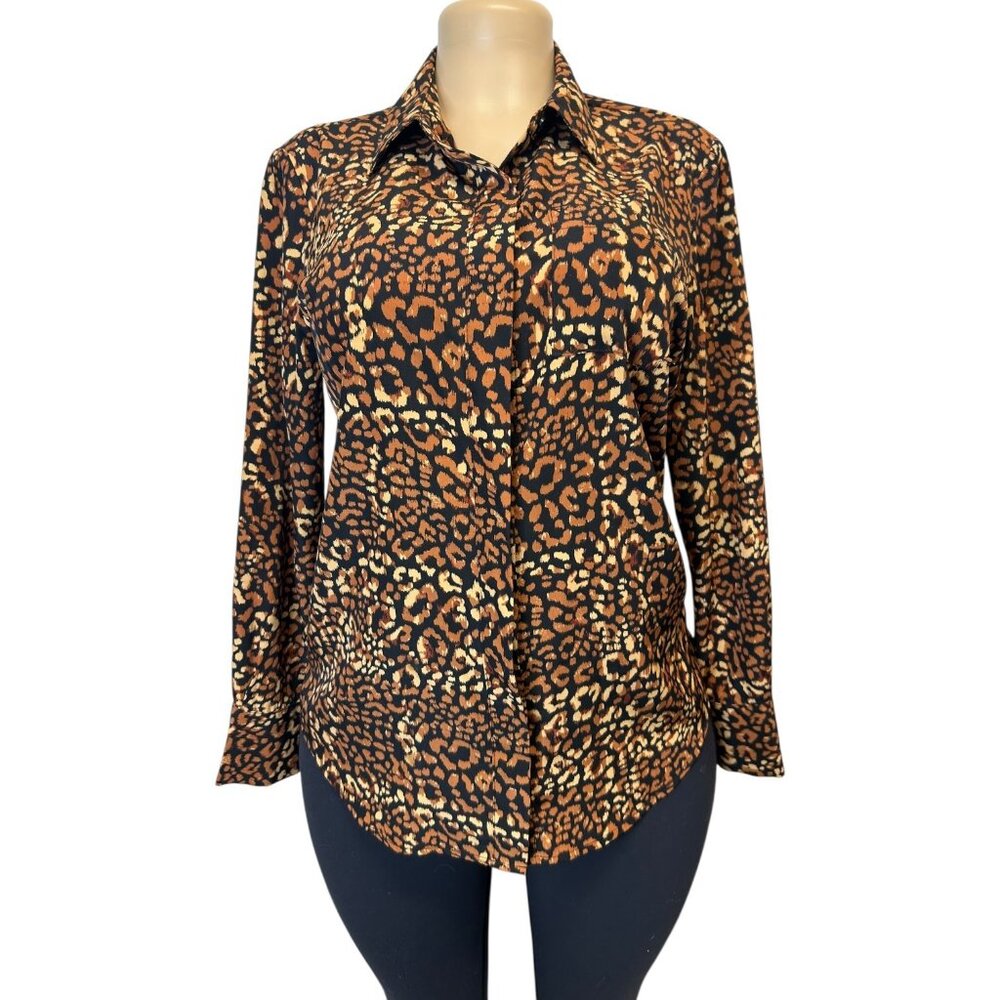 TG-41 Nine West Women's Small Petite Cheetah Print Long-Sleeve Blouse